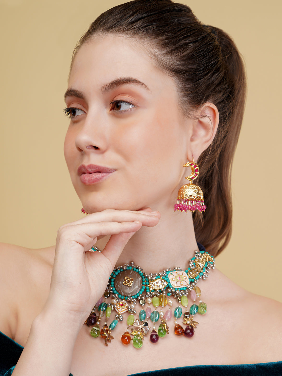 Peacock inspired multi shaped tikra necklace with hangings and handmade dori