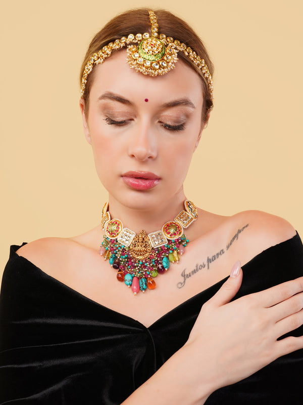 Husn-e-Surkh Haar Temple Kundan Hanging Haar Necklace