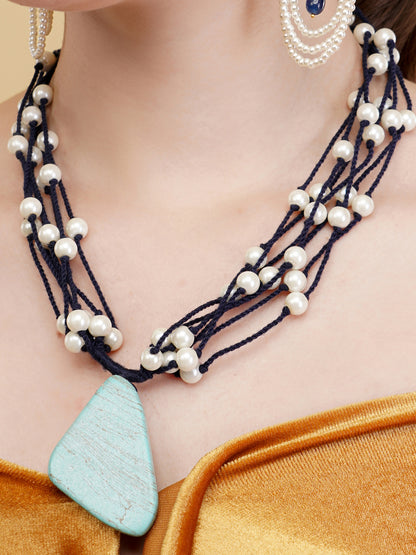 Pearls in thread necklace with natural stone hanging as a locket with adjustable chain