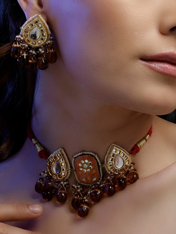Aftaab-e-Zar Haar with Earrings Orange Kundan Meenakari Haar Necklace Set With Earrings