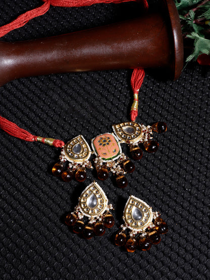 Meenakari Jewellery Set with Adjustable Dori and Drop Shaped Kundan 
