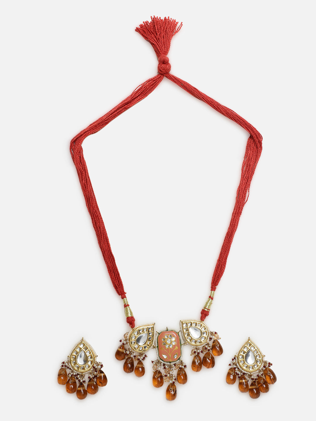 Orange and Red Meenakari Jewellery Set with Adjustable Dori and Drop Shaped Kundan  from Dugristyle Ruhaniyat By Dugran