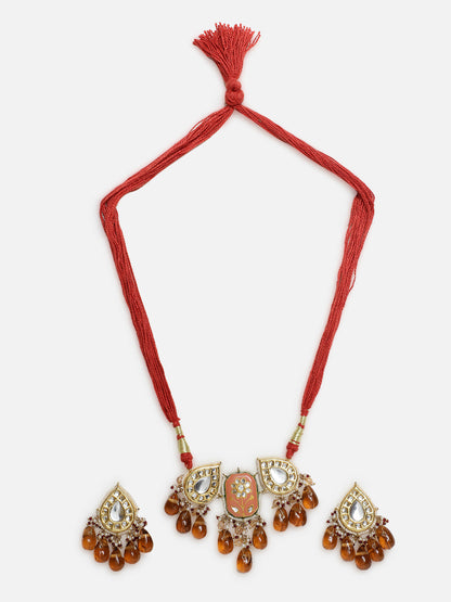 Orange and Red Meenakari Jewellery Set with Adjustable Dori and Drop Shaped Kundan  from Dugristyle Ruhaniyat By Dugran