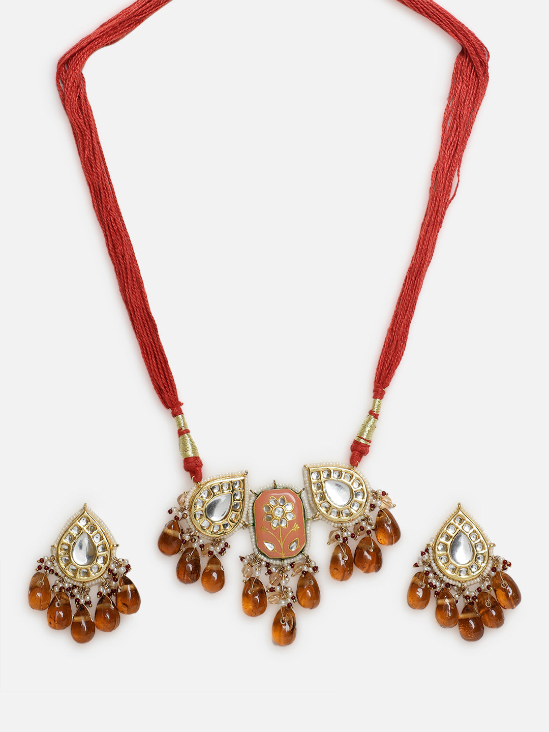Meenakari Jewellery Set with Adjustable Dori and Drop Shaped Kundan 