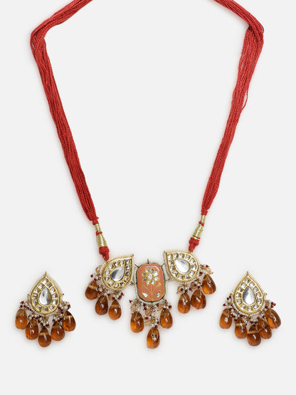 Meenakari Jewellery Set with Adjustable Dori and Drop Shaped Kundan 
