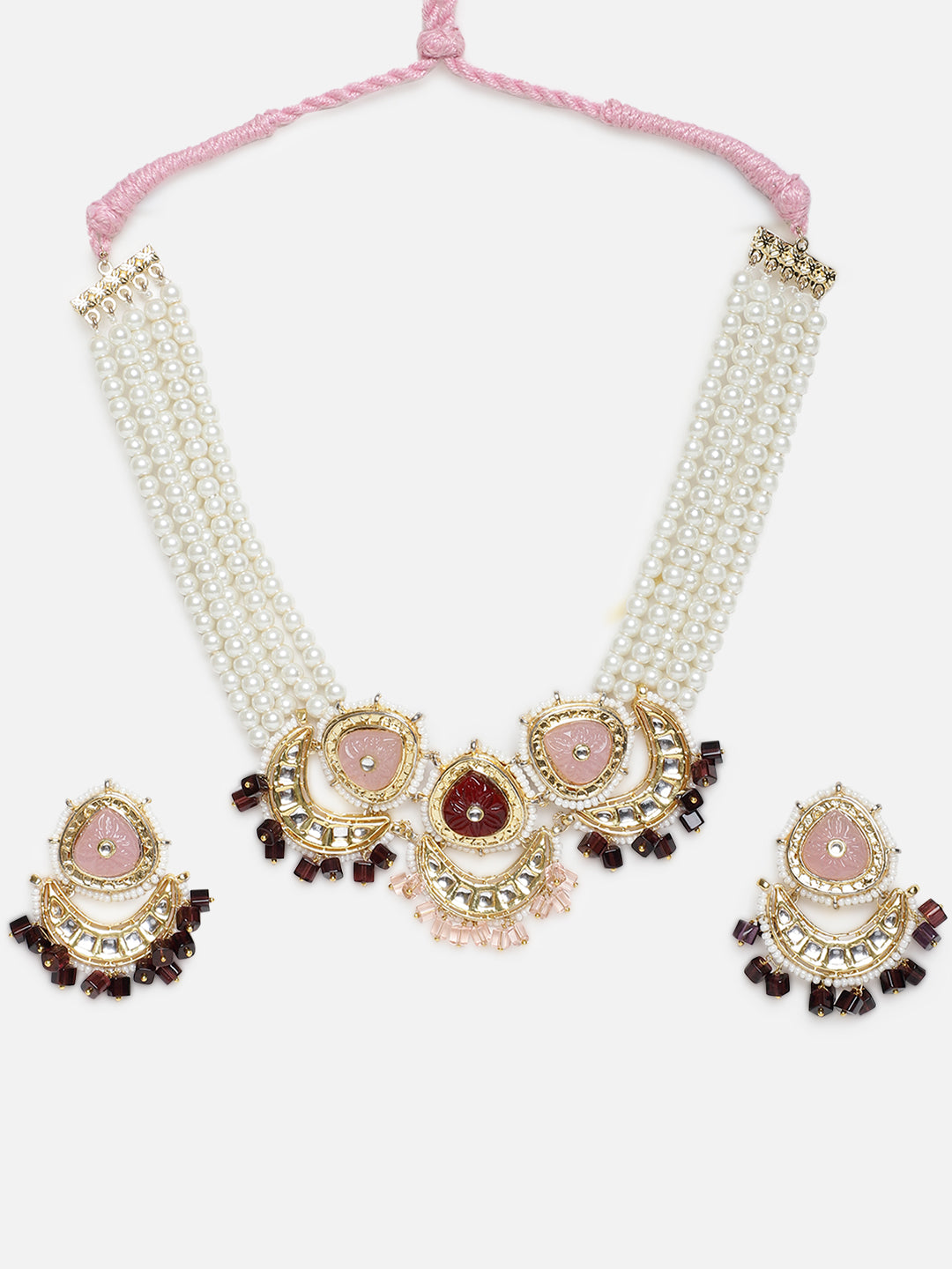 Kundan Jewellery Set with Pearls Strings and Carved Stones