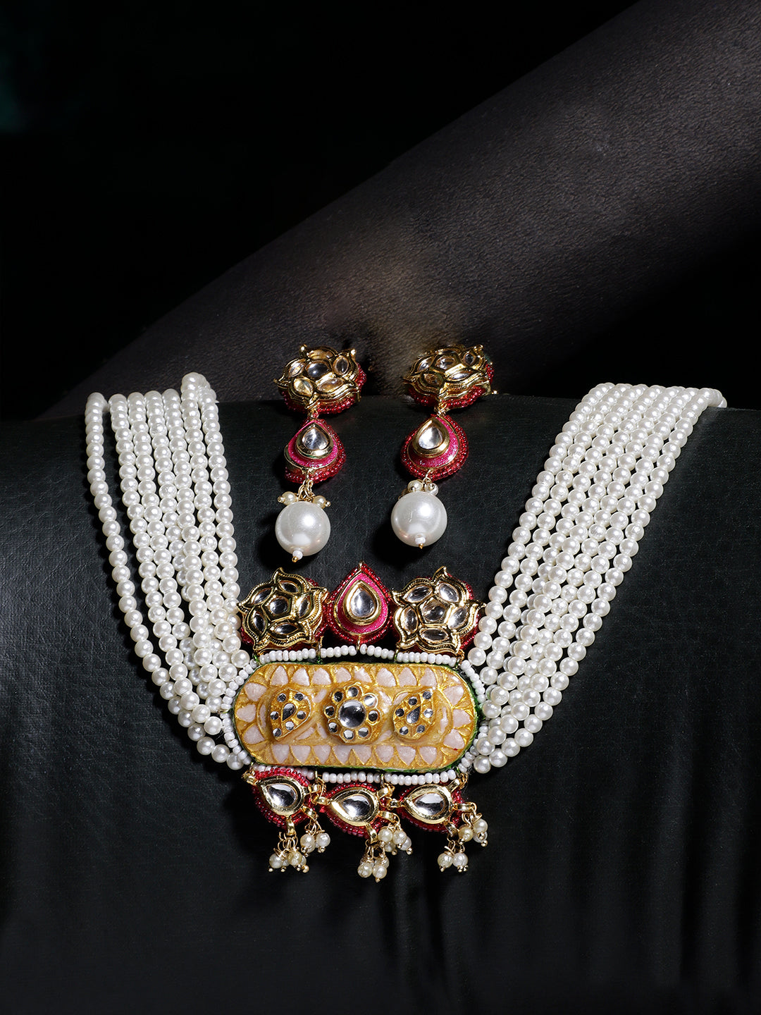 Meenakari Jewellery Set with Adjustable Dori and Multi Color Pearl Hangings