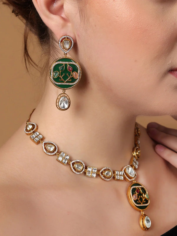 Sabz Necklace with Earring Green Pink Moissanite American Diamond Necklace Set With Earrings