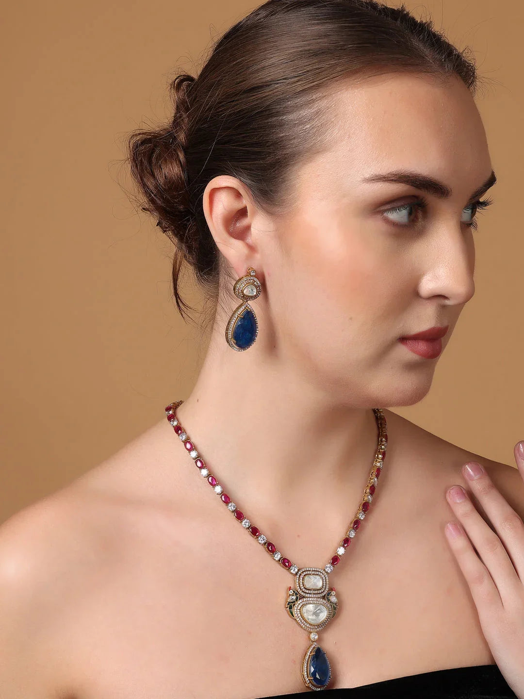 Blue and Purple Moissanite with American Diamond necklace with Earring from Dugristyle Ruhaniyat By Dugran
