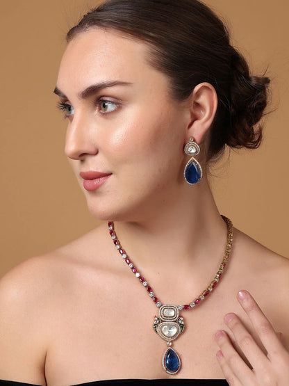 Blue and Purple Moissanite with American Diamond necklace with Earring from Dugristyle Ruhaniyat By Dugran