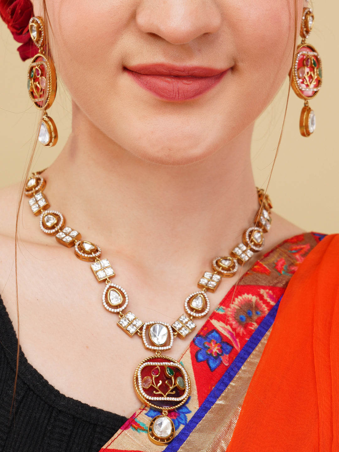 Moissanite with American Diamond necklace with Earring