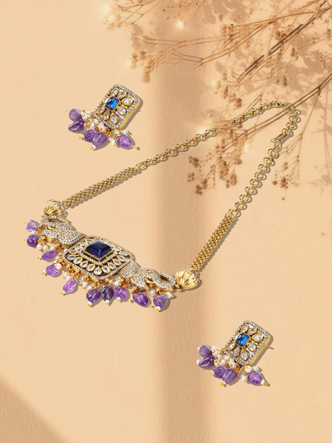 Elephant Inspired necklace with moissanite stone and natural stone hangings