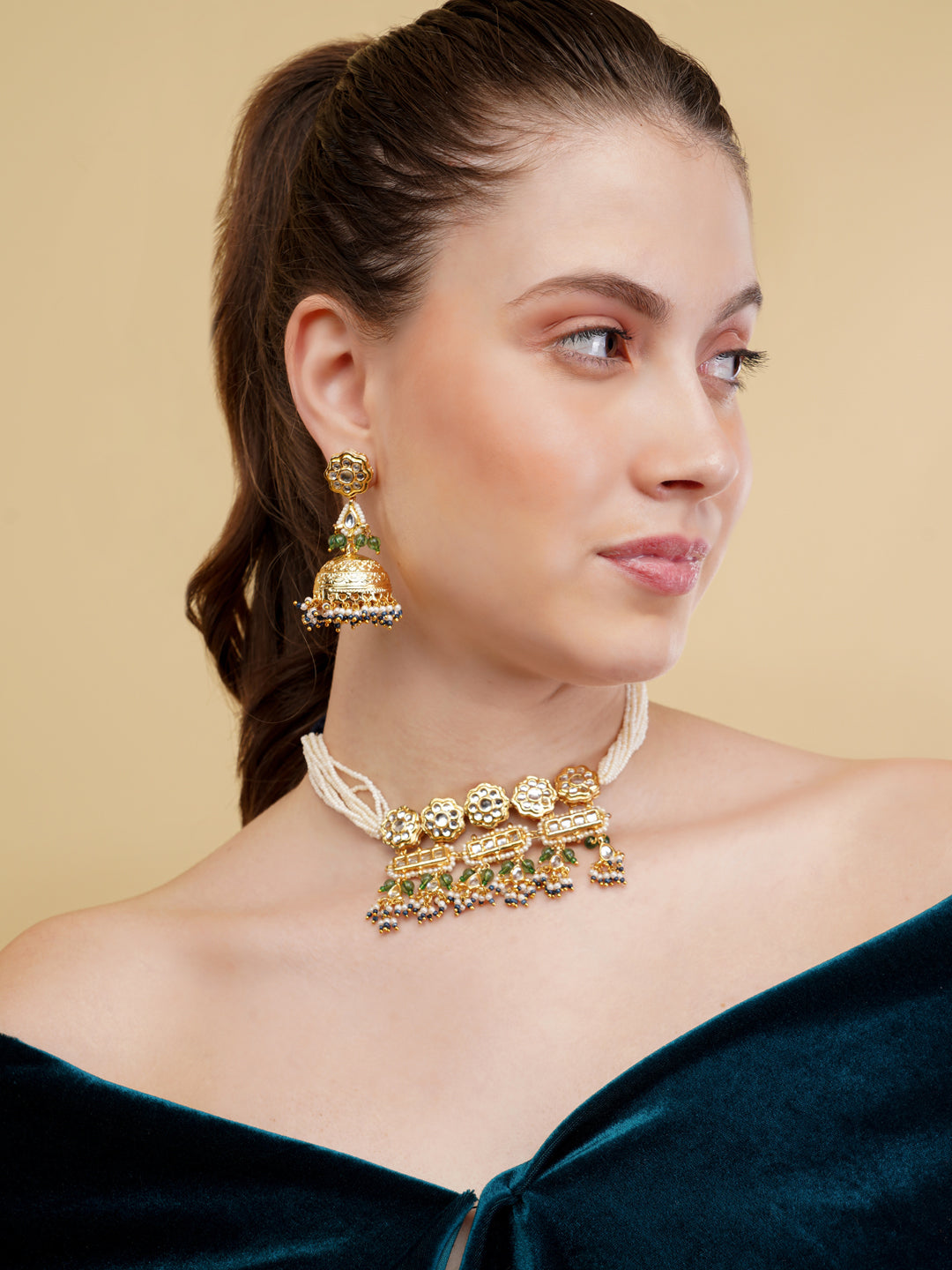 Kundan with Multi Shaped tikras and Colored hangings Jewellery Set