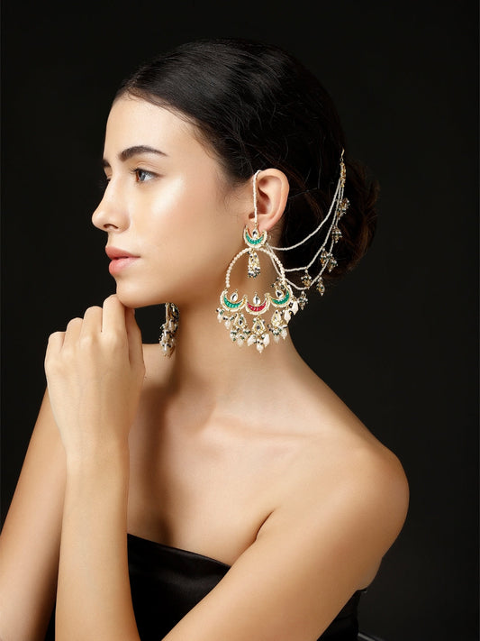 Peach and Green Kundan  Kanchain with Multilayer Pearl Strings from Dugristyle Ruhaniyat By Dugran